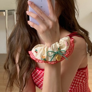 森系樱桃小熊花朵纽扣蕾丝边大肠发圈女手作发饰红色发绳头饰发饰