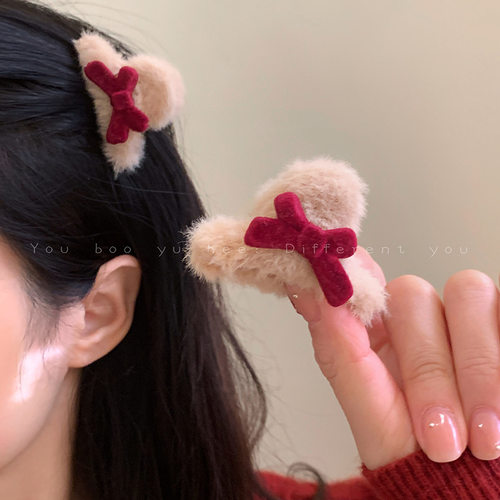 新年红色蝴蝶结小抓夹女秋冬新款毛茸茸鲨鱼夹侧边刘海夹头饰发夹