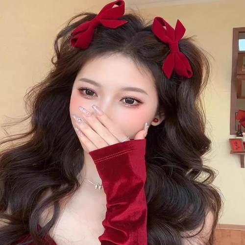 2024新款红色丝绒蝴蝶结发夹圣诞头饰侧边夹新年前额发卡刘海夹子