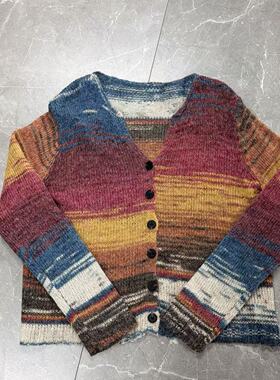 【丹丹福利秒杀不退换P】拼色彩虹V领针织毛衣开衫 6538