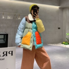 【疯狂星期五】小众设计羊羔毛领马卡龙拼色羽绒服 8809