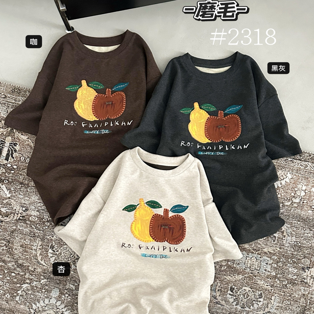 DD STY【冬款上新】小众设计苹果梨图案刺绣短袖磨毛上衣T 2318