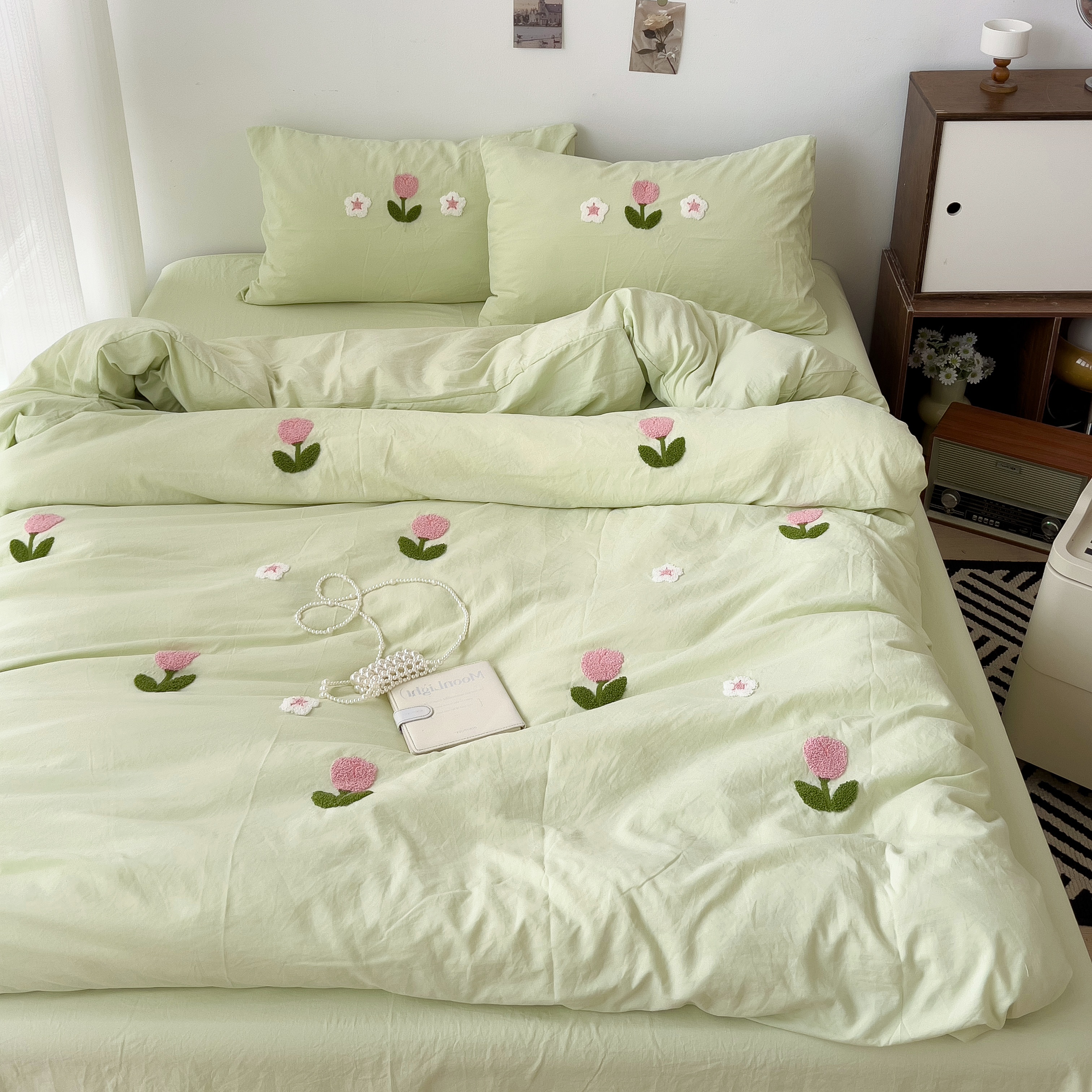 绿色郁金香毛巾绣水洗棉四件套纯棉全棉床单被套床笠宿舍三件套