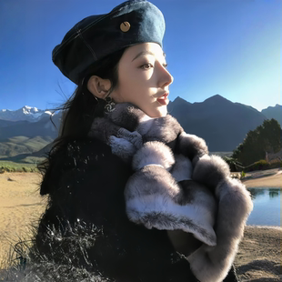 围巾女冬季高级感2025新款百搭环保毛青紫蓝龙猫皮草保暖御寒围脖