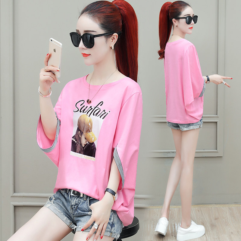 夏季t恤女短袖2020新款潮韩版七分袖蝙蝠衫宽松休闲火龙果色上衣