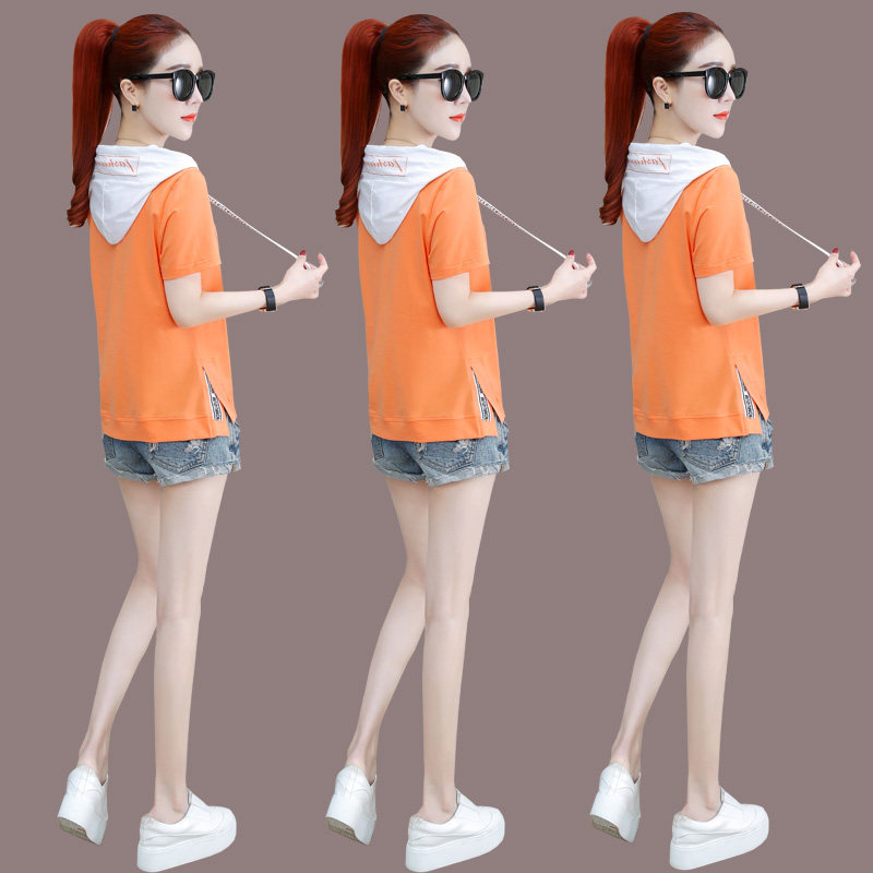 带帽短袖t恤女2020年夏季新款韩版宽松连帽上衣女士休闲薄款卫衣