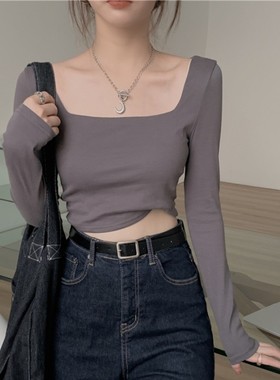 YC早秋辣妹方领短款上衣女秋装年新款修身内搭打底衫长袖T恤女