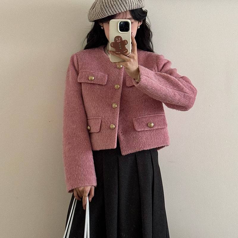 【UD呢AFA】24冬濮院短款小X香上小衣粉色个子高级风感毛外套