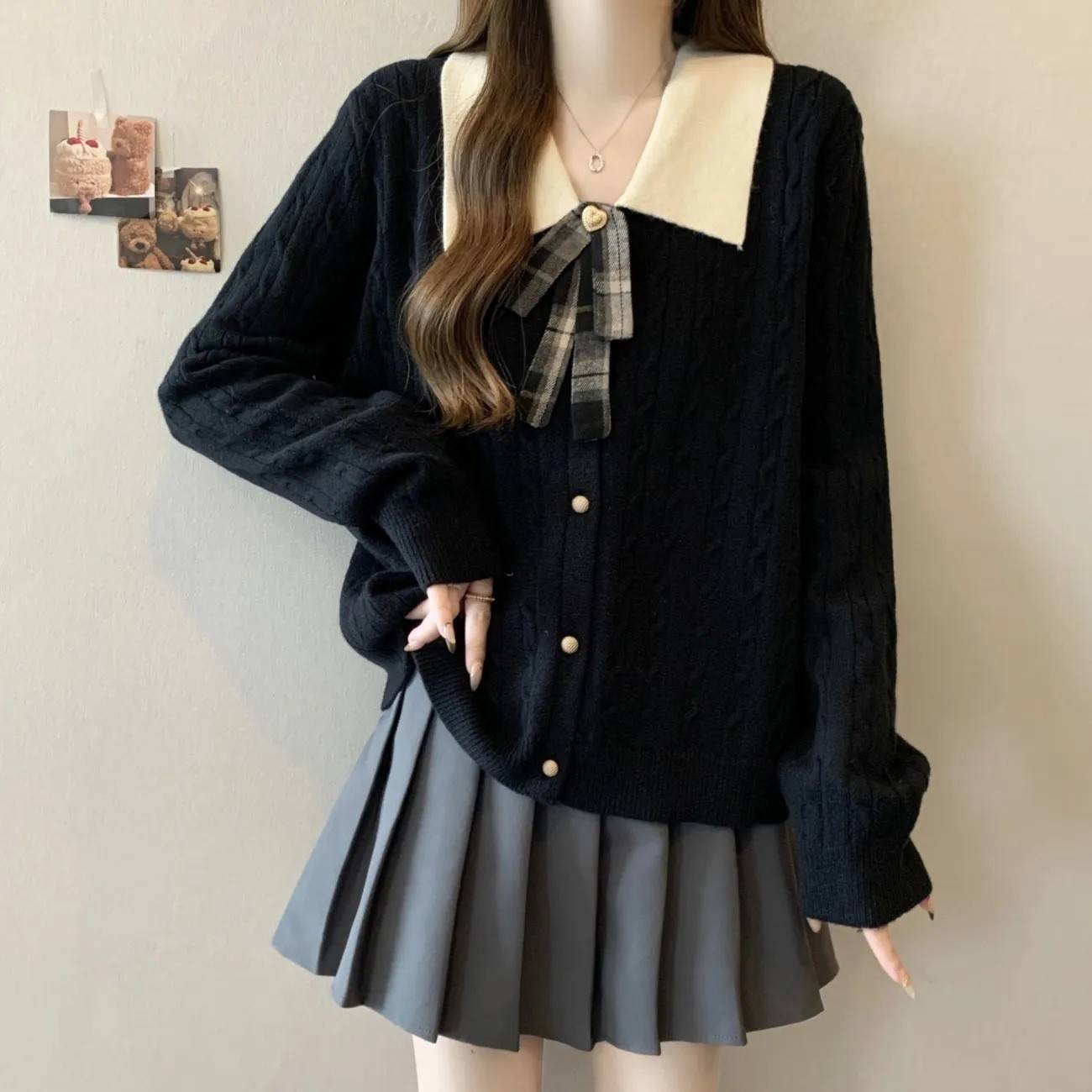 025新品学院风翻领蝴蝶结针织开衫秋胖mm遮肉显冬瘦毛衣2外套