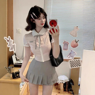 女高校供设计感甜美粉衬衫 韩系JK制服纯欲学院风套装 灰百褶裙两件
