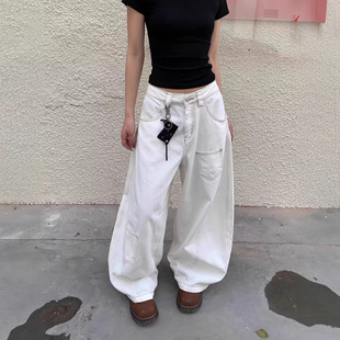 白色美式镰刀裤男款褶皱直筒工装裤子春秋季hiphop设计感弯刀裤潮