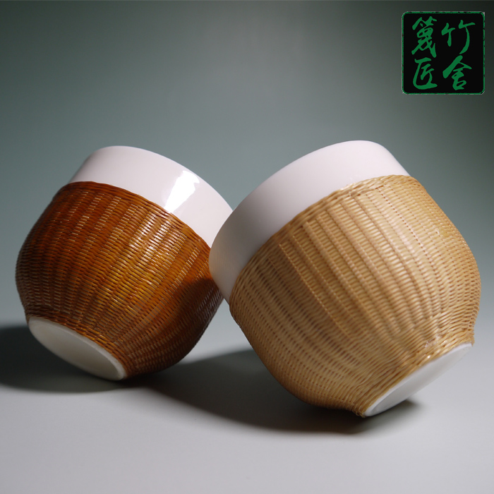 情侣杯手工制作礼盒套装瓷胎竹编