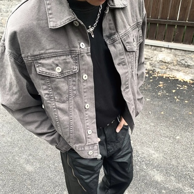 MISHOPE 水洗做旧泥灰色Type3短宽版型Boxy牛仔夹克宽松外套男女