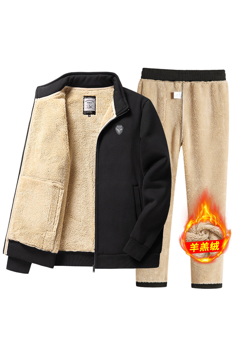 秋冬季休闲保暖宽松卫衣加绒加厚套装男立领中老年人羊羔绒运动服