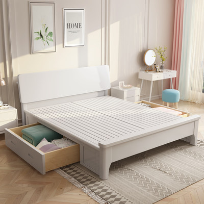 实木床北欧现代简约主卧1.8米双人床高箱储物出租房家用1.5单人床