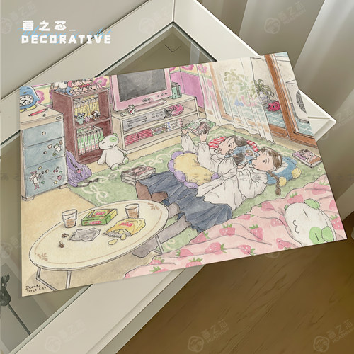 ins治愈系手绘插画卧室画芯无框