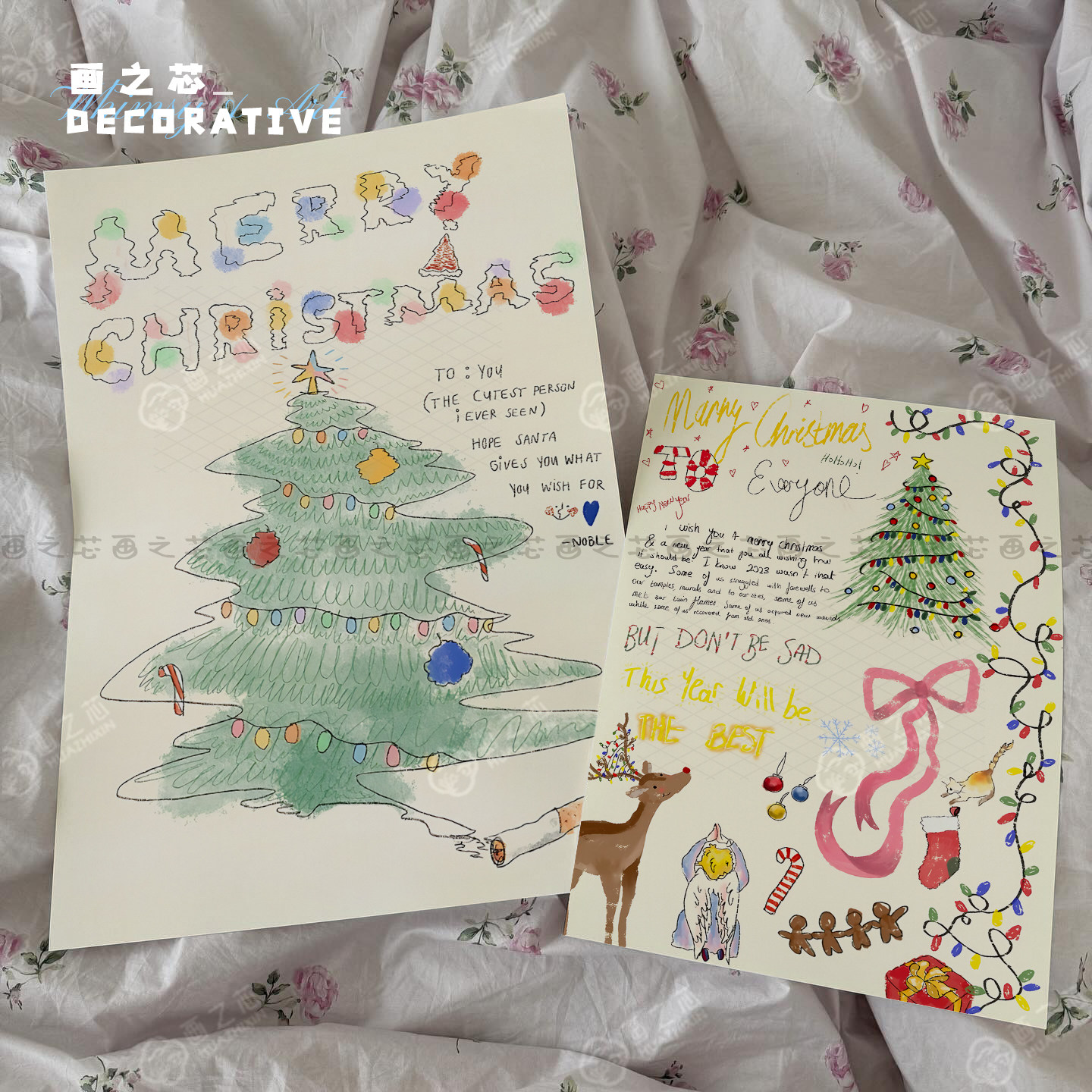 圣诞系列 涂鸦风手写体圣诞树插画海报卧室客厅装饰画芯氛围墙贴,家居饰品,现代装饰画,淘宝优惠券,粉丝福利购,淘宝优惠卷