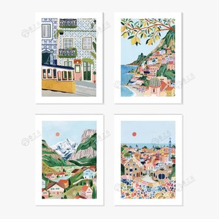 清新插画风海岸城镇与山景画客厅卧室油画布装饰画芯墙贴海报自粘
