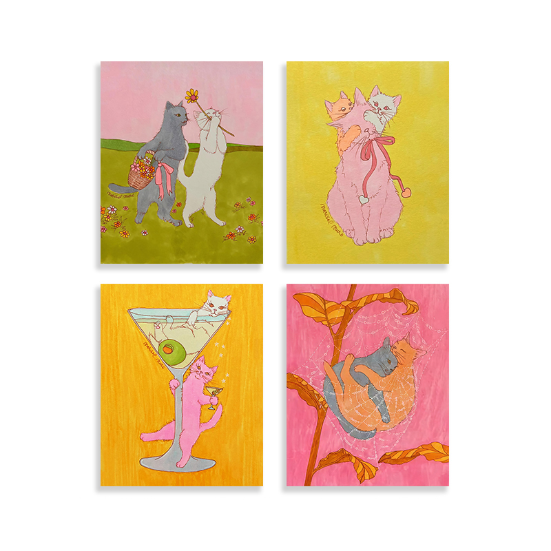 莫兰迪色系猫咪插画卧室装饰画芯