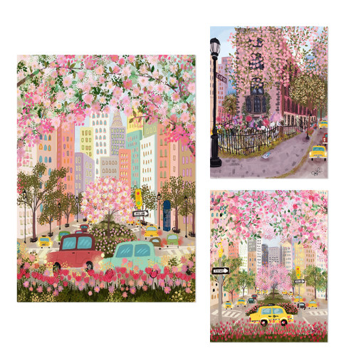 浪漫粉色樱花城市街景自粘油画布