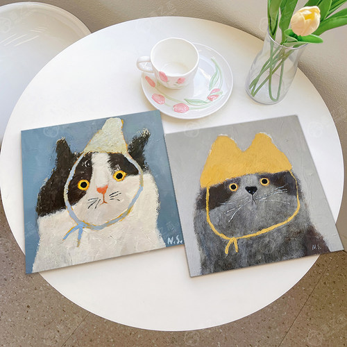 呆萌猫咪油画芯布定制打印装饰画