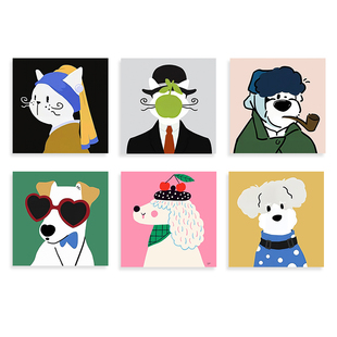趣味狗狗肖像波普插画ins风儿童房卧室装饰画自粘油画布画芯海报