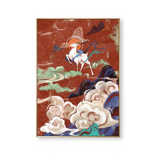 法式中古风敦煌九色鹿装饰画画心新中式客厅卧室书房艺术装饰画芯