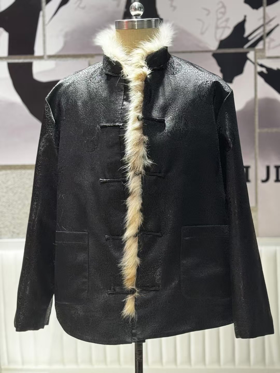 冬季中式棉服黑色江崖海水纹山猫皮草内胆私人订制盘扣外套