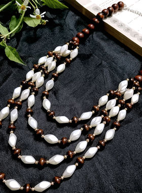 棕白撞色民族风特色长款木珠项链