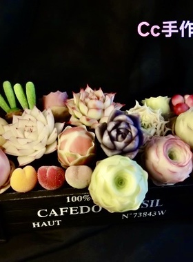 Cc手作树脂黏土仿真多肉兔子巴黎锦玫瑰汽车桌面摆件生日情人礼物