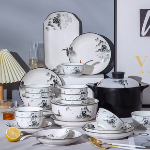 釉下彩2024新款景德镇陶瓷碗碟套装中式家用高颜值餐具盘乔迁礼盒