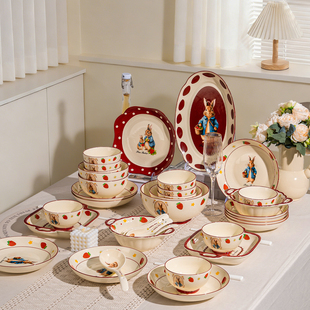 碗家用2026新款轻奢风碗碟套装釉下彩卡通兔子陶瓷碗筷盘餐具整套