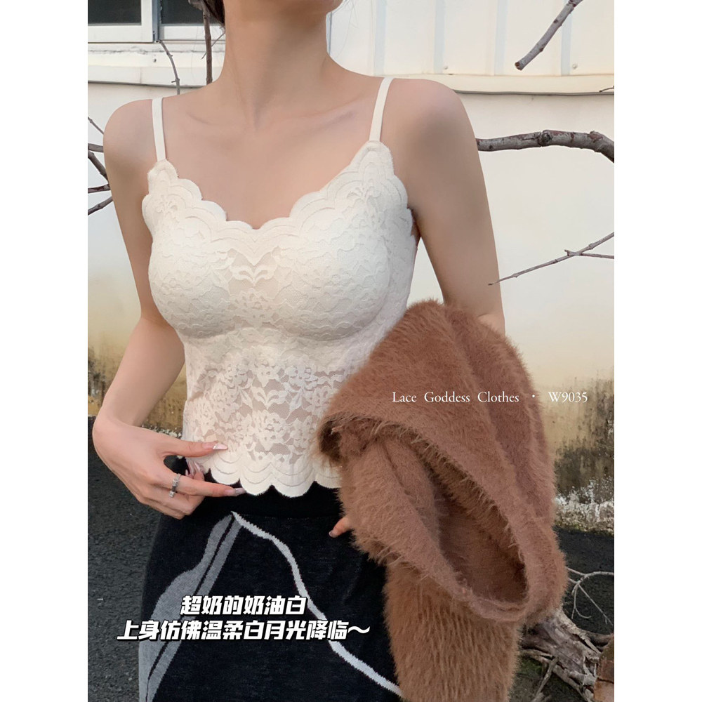 甜美蕾丝提花美背吊带背心女内搭带胸垫一体内衣性感打底抹胸上衣