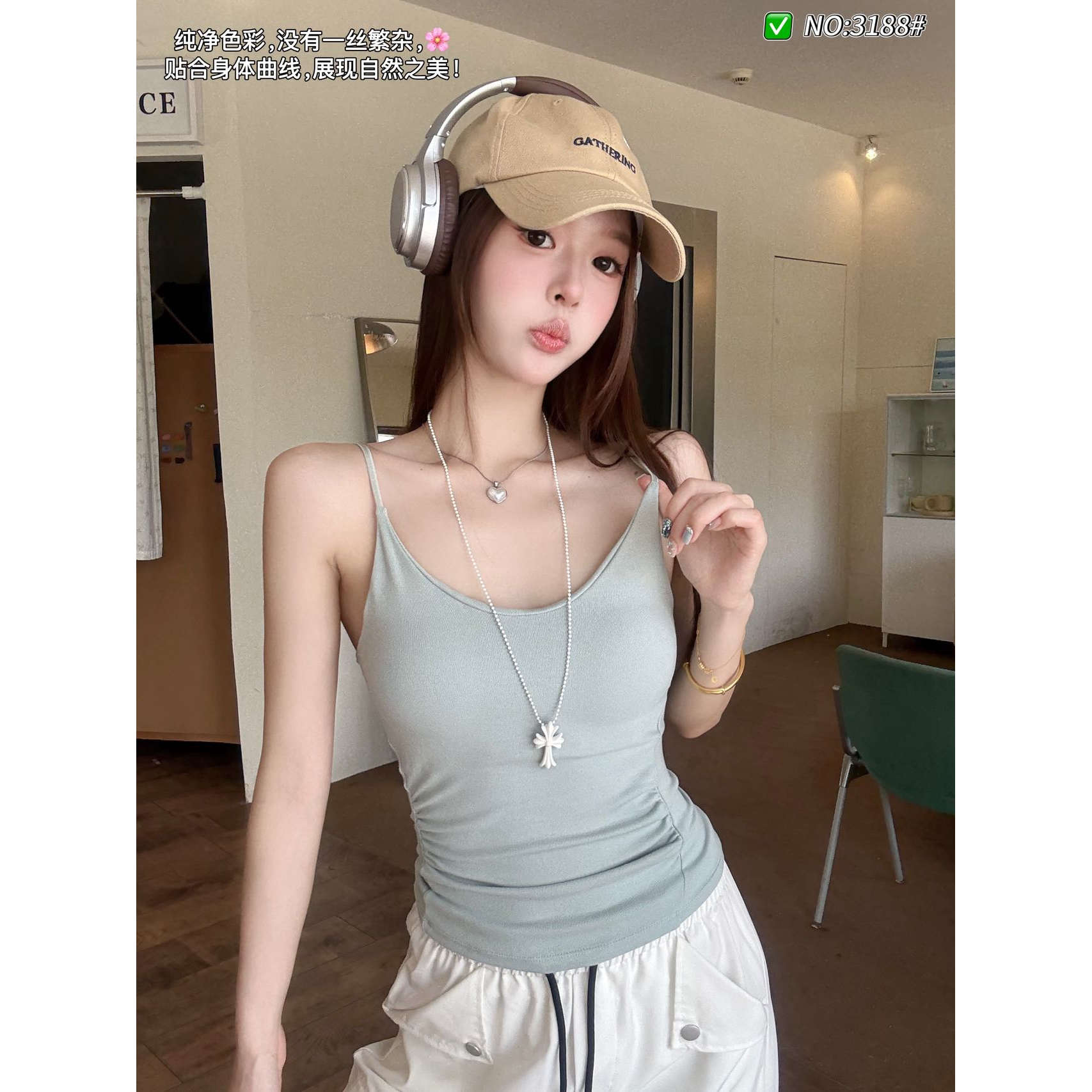 纯色复古设计感吊带背心内衣女夏季打底衫褶皱收腰带胸垫抹胸上衣