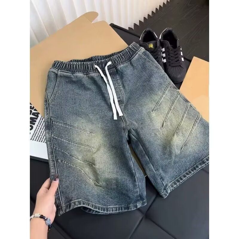 夏季美式复古褶皱牛仔短裤男水洗vibe裤子cleanfit显瘦中腰五分裤