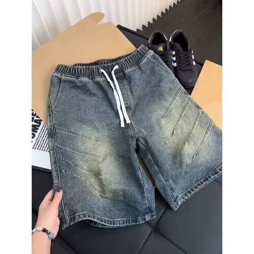 夏季美式复古褶皱牛仔短裤男水洗vibe裤子cleanfit显瘦中腰五分裤