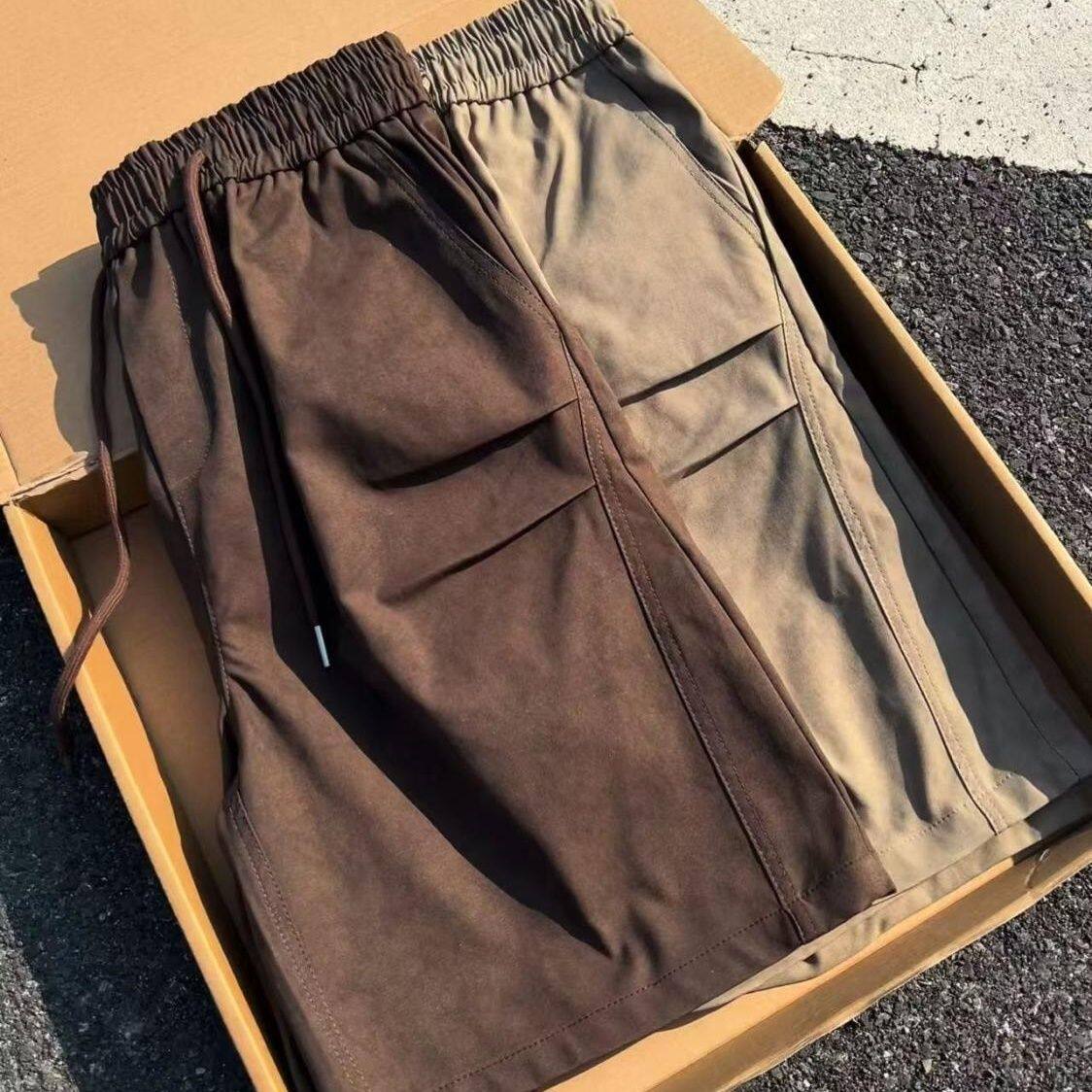 夏季街头棕色cityboy工装短裤男褶皱剪裁痞帅宽松直筒休闲五分裤