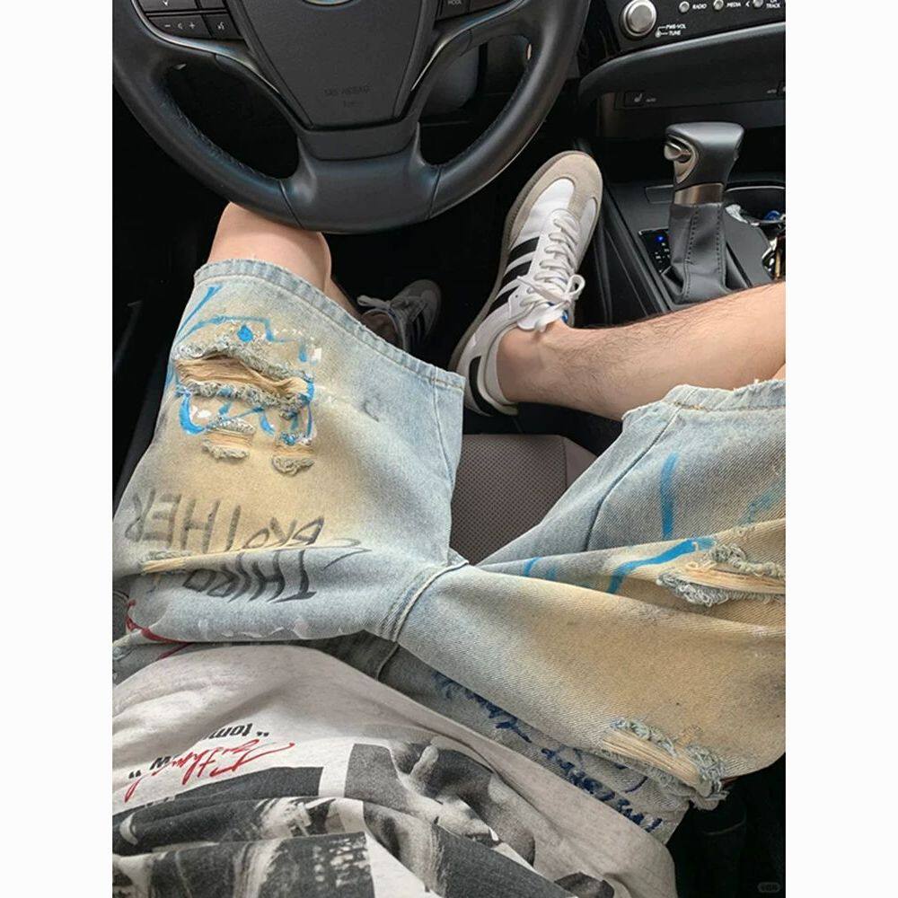 夏季涂鸦印花破洞牛仔短裤男hiphop美式高街炸街五分裤子潮牌百搭