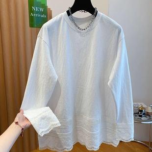 T恤女春秋宽松显瘦打底叠穿上衣 300斤蕾丝拼接长袖 纯棉大码 胖mm2