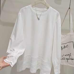 宽松韩版 纯棉大码 时尚 上衣中长款 百搭T恤女 胖mm蕾丝拼接镂空长袖