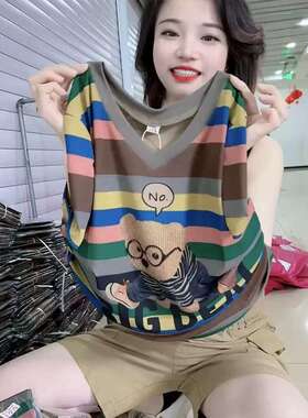 大码胖mm2-300斤女士个性短袖t恤遮肚子上衣V领条纹体恤宽松减龄