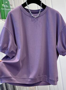 纯棉大码胖mm2-300斤韩版基础款短袖T恤女装上衣泡泡袖气质高级潮