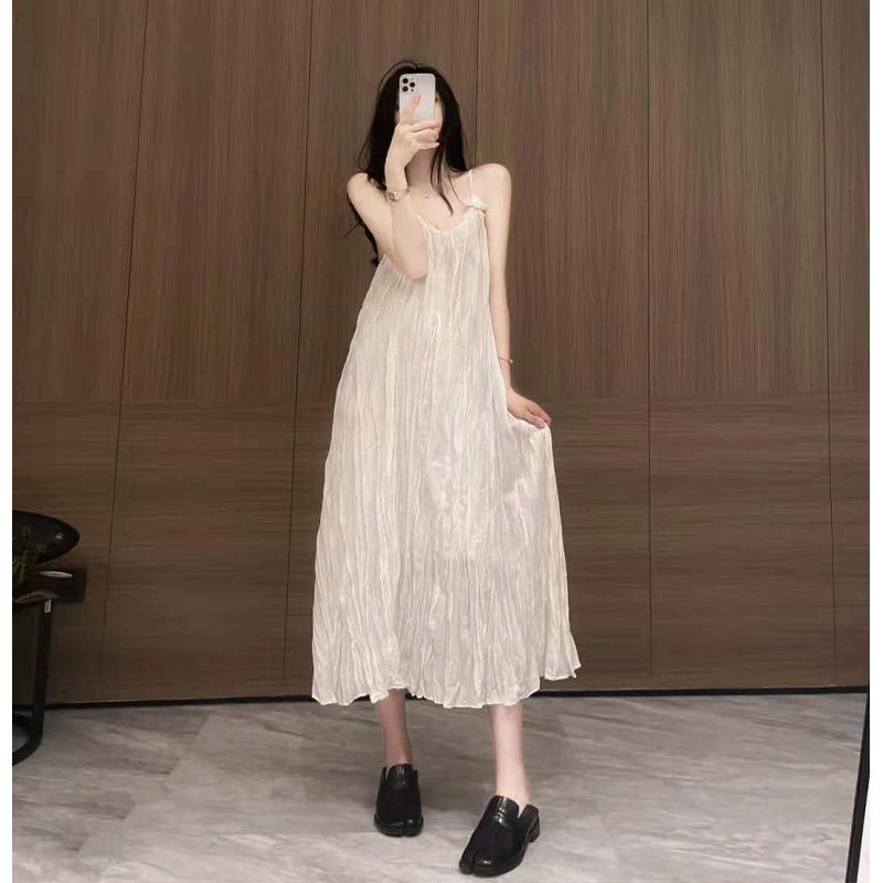 흰색 멜빵 롱 스커트 청순한 소녀 여름 프렌치 원피스 오렌지 첫사랑 스커트 요정 초선풍