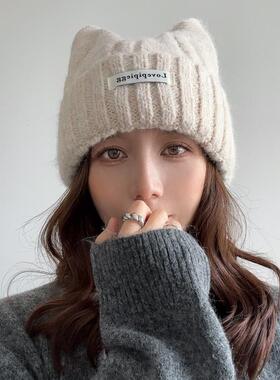 猫耳朵毛线帽子女秋冬季2025新款保暖可爱针织帽防寒护耳包头冷帽