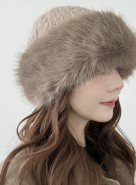 兔毛帽子女冬季显脸小护耳毛绒渔夫帽麻花针织双层毛线帽保暖盆帽