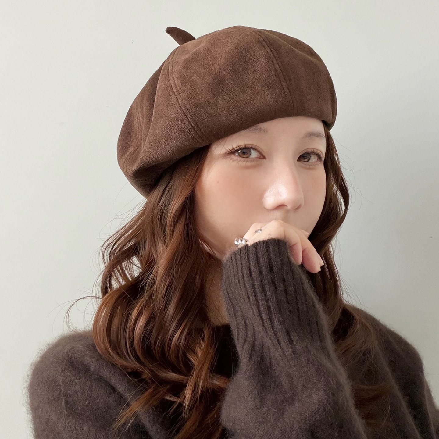 麂皮绒棕色贝雷帽女秋冬2026新款八角蓓蕾帽复古英伦南瓜帽画家帽