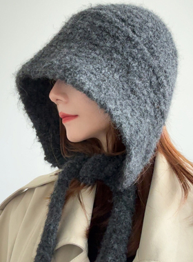灰色巴拉克拉法帽女秋冬保暖加厚毛绒针织帽子围脖一体护耳毛线帽