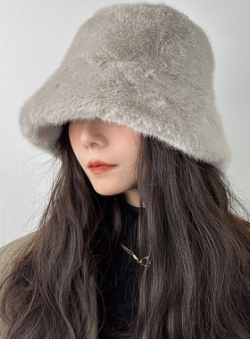 灰色毛毛帽子女生冬季2025新款加厚保暖护耳盆帽显脸小毛绒渔夫帽