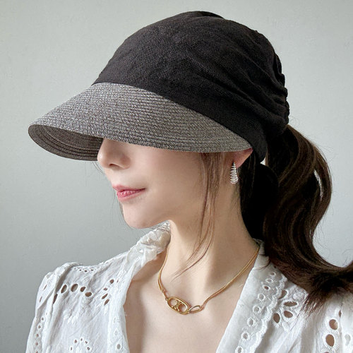 草编亚麻扎马尾后空顶防晒帽春夏