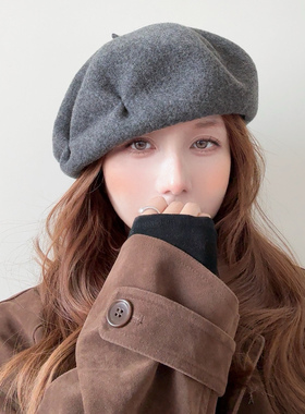 褶皱定型款~法式纯羊毛贝雷帽女秋冬大头围画家帽显脸小蓓蕾帽子